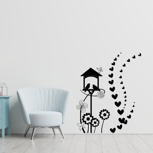 Birdhouse Wall Decal. Flowers and Hearts Design. Laundry Room / Nursery / Bedroom / Living Room Home Decor. #1036