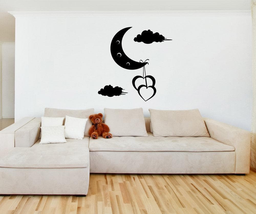 Hearts Hanging off Moon Vinyl Wall Decal Sticker. #1091