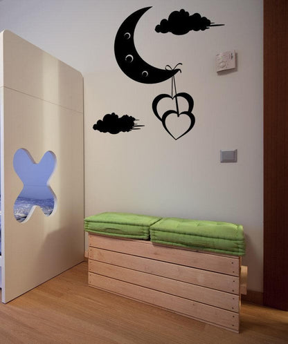 Hearts Hanging off Moon Vinyl Wall Decal Sticker. #1091