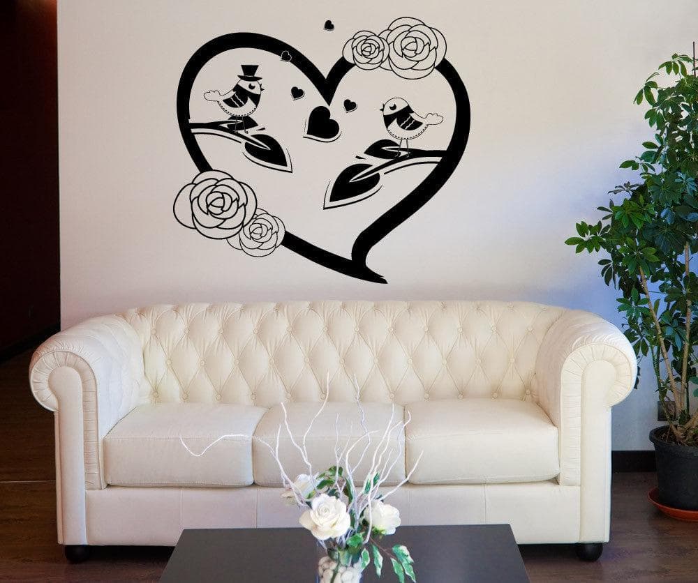 Vinyl Wall Decal Sticker Bird Couple in Flower Heart #1352