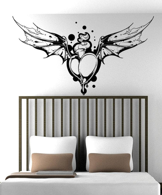 Vinyl Wall Decal Sticker Flaming Heart With Bat Wings #1471