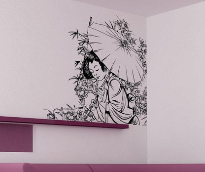 Japanese Geisha with Umbrella In Garden Wall Decal. #1496