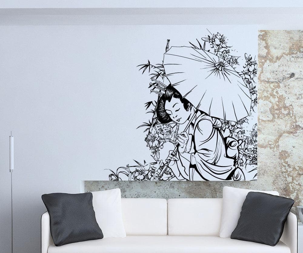 Japanese Geisha with Umbrella In Garden Wall Decal. #1496