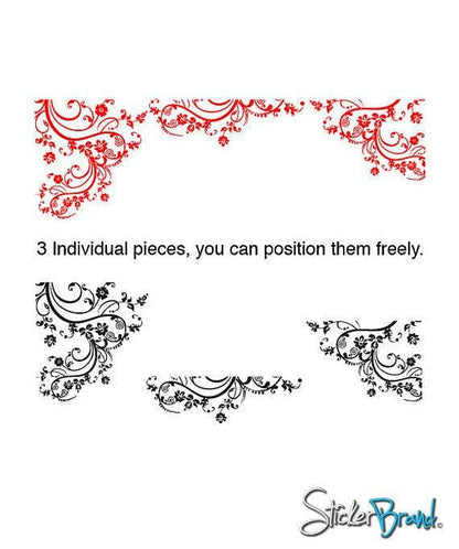 Black and red swirling floral decals on a white background.
