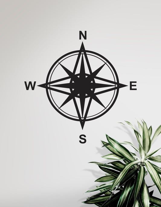 A black decal of a compass on a white wall