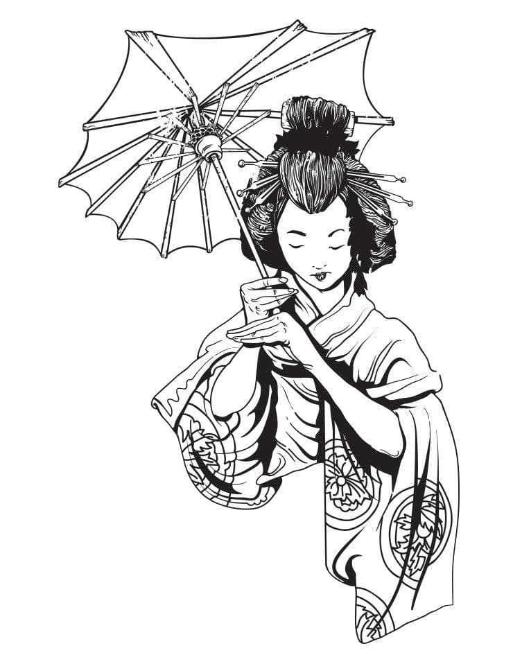 Poster Japanese girl in red traditional clothes with umbrella. - PIXERS.HK