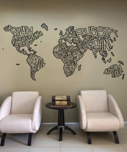 World Map Vinyl Wall Decal Sticker. Country Names Design. #5078