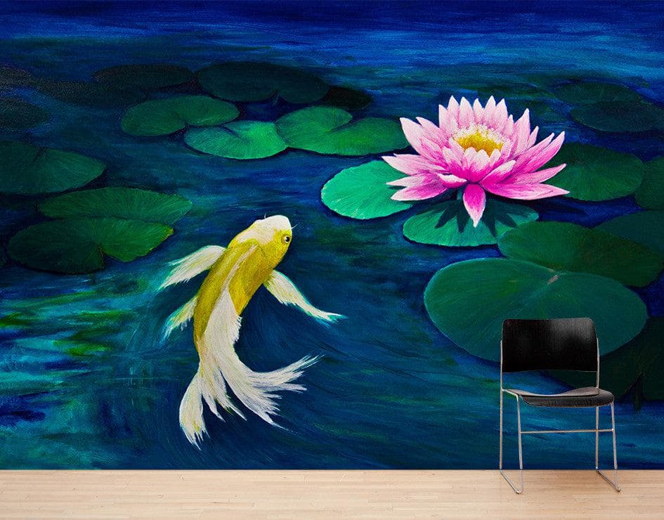 Koi Fish with Pink Water Lily Painting Wall Mural. #6000