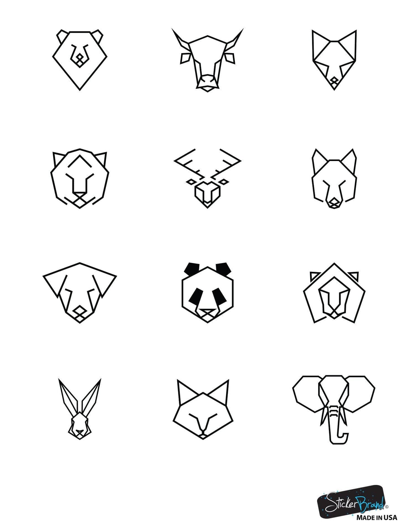 Bear, Bull, Fox, Tiger, Deer, Wolf, Dog, Panda, Lion, Rabbit, Cat and Elephant Geometric Animal Pattern Wall Decal #6091