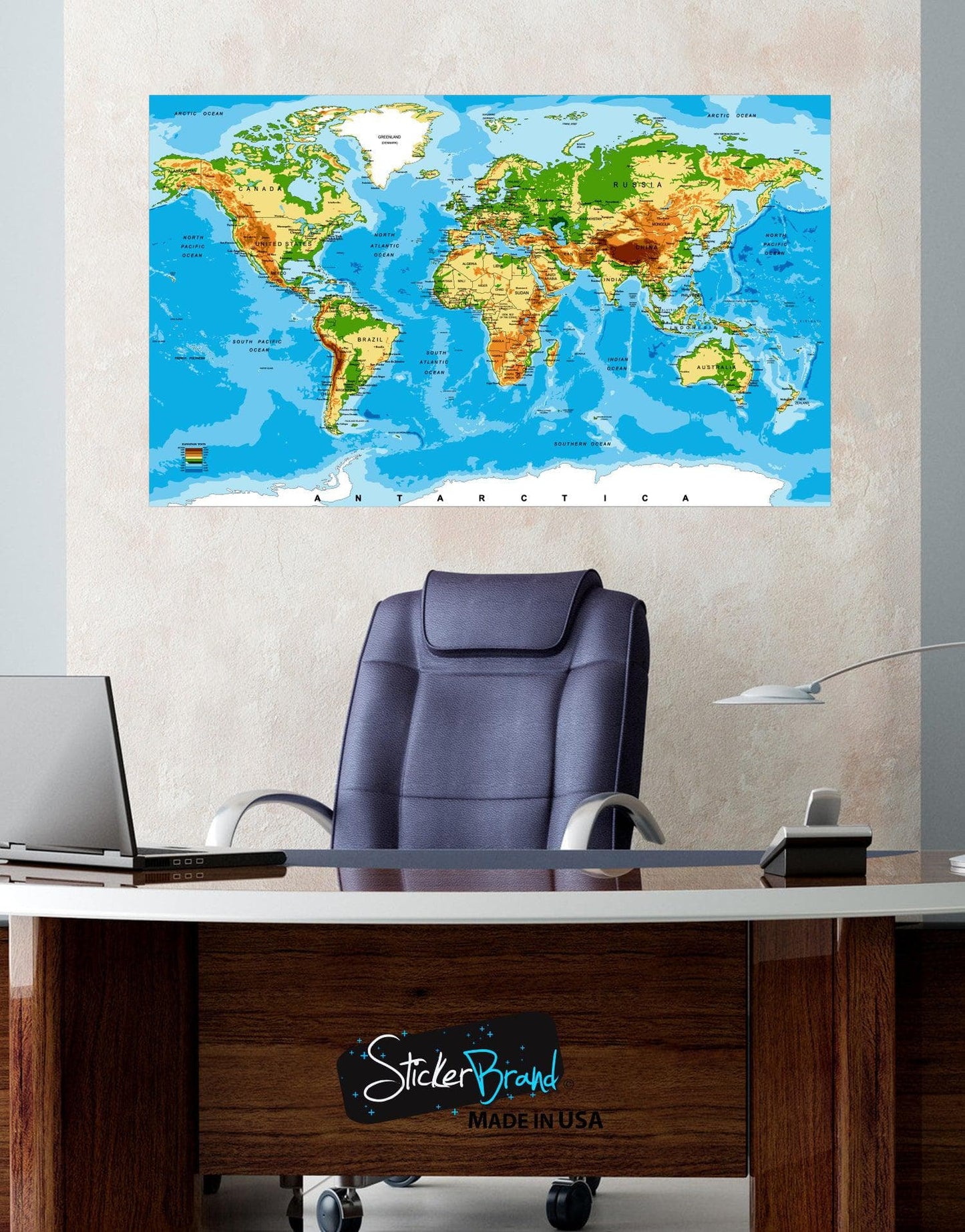 World Map Poster. Educational Wall Map Guide with Elevation Chart. #P1002