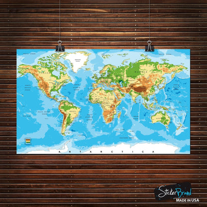 World Map Poster. Educational Wall Map Guide with Elevation Chart. #P1002