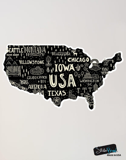 Hand Drawn Illustration of USA Map Graphic Wall Decal Sticker. #6104