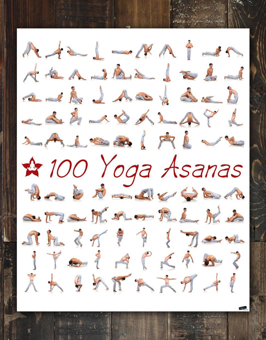 100 Yoga Poses Asanas Poster. Instructional Graphic Poster for Yoga Studio or Home. #6109