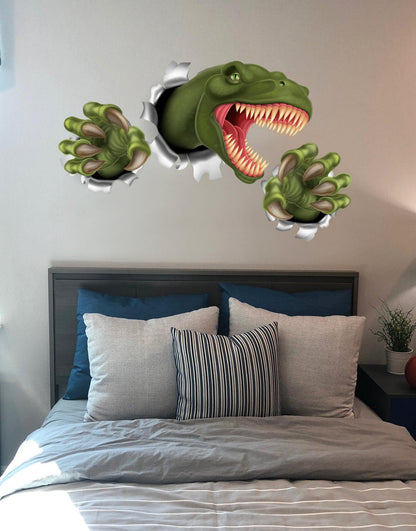 T-Rex Dinosaur Jumping out of wall. 3D Graphic Wall Decal Sticker. Peel and Stick. Removable and Reusable. #6115