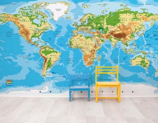 Large Blue World Map Wall Mural. #6134