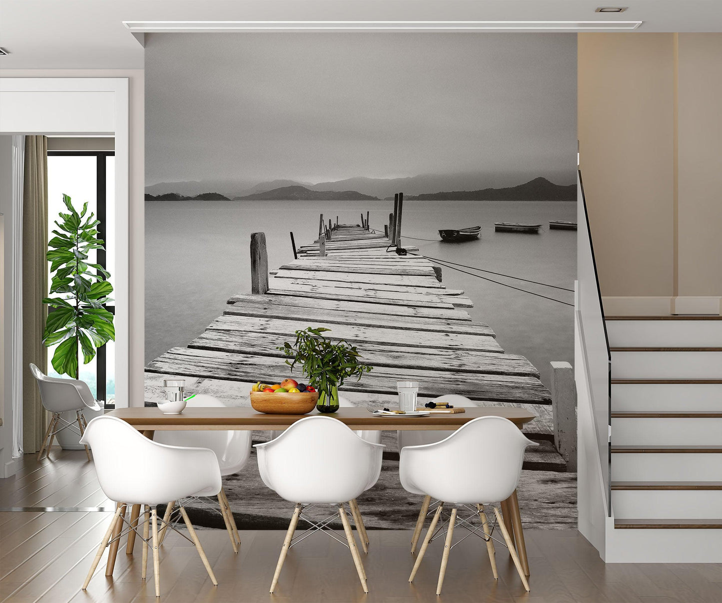 Misty Lake View Boat on Pier Black and White Mural Wall Decal Sticker #6143