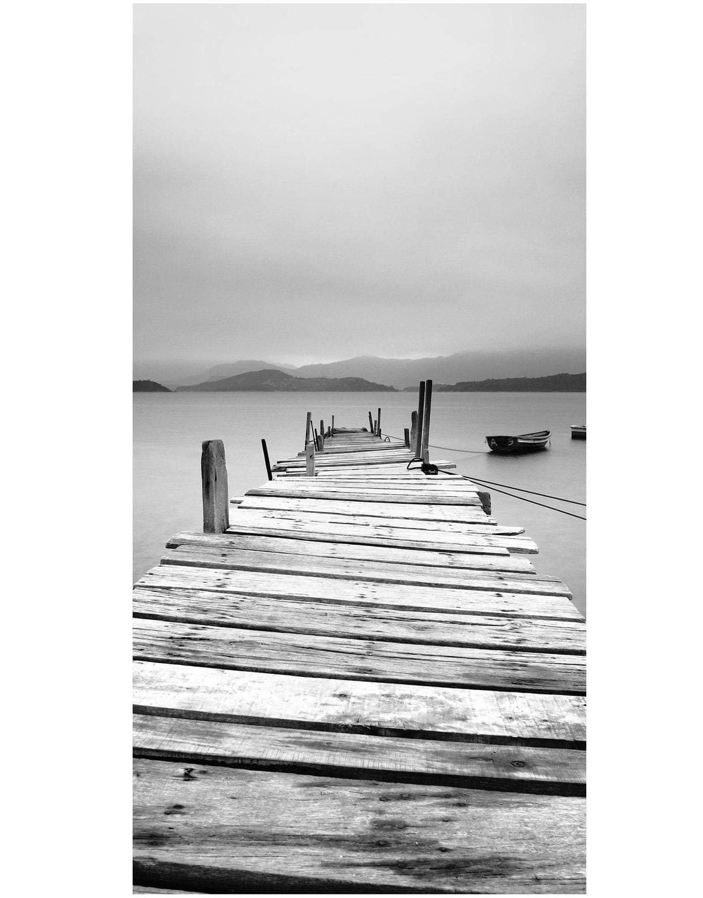 Misty Lake View Boat on Pier Black and White Mural Wall Decal Sticker #6143