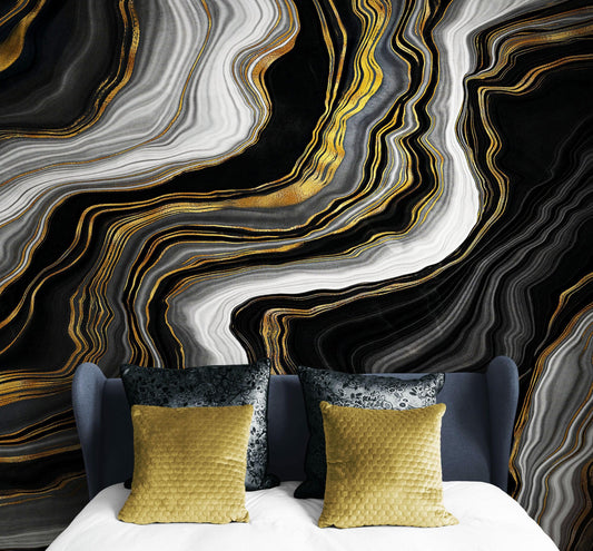 Black and Gold Abstract Marble Stone Pattern Peel and Stick Wallpaper. #6146-2