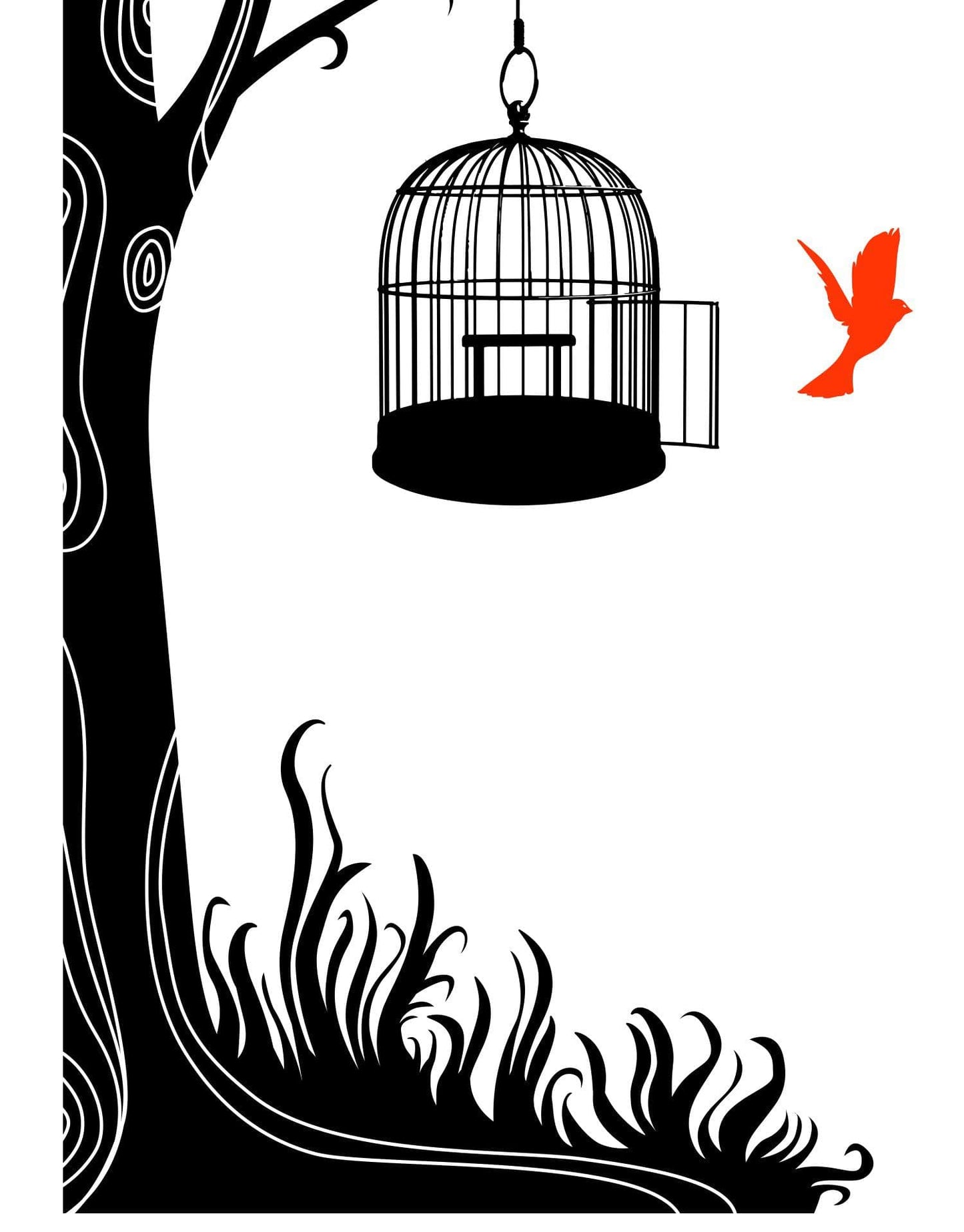 Swirly Tree with Bird Cage Wall Decal Sticker. #6148