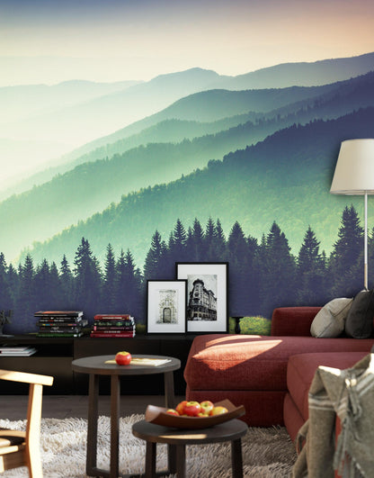 Colorful Foggy Mountain Forest View Wall Mural | Peel and Stick Wallpaper. #6159