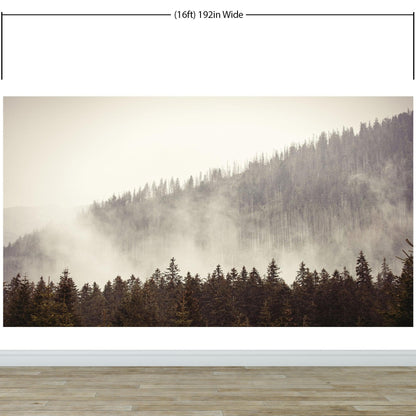 Foggy Misty Forest Tree Over Mountain Wall Mural. #6171