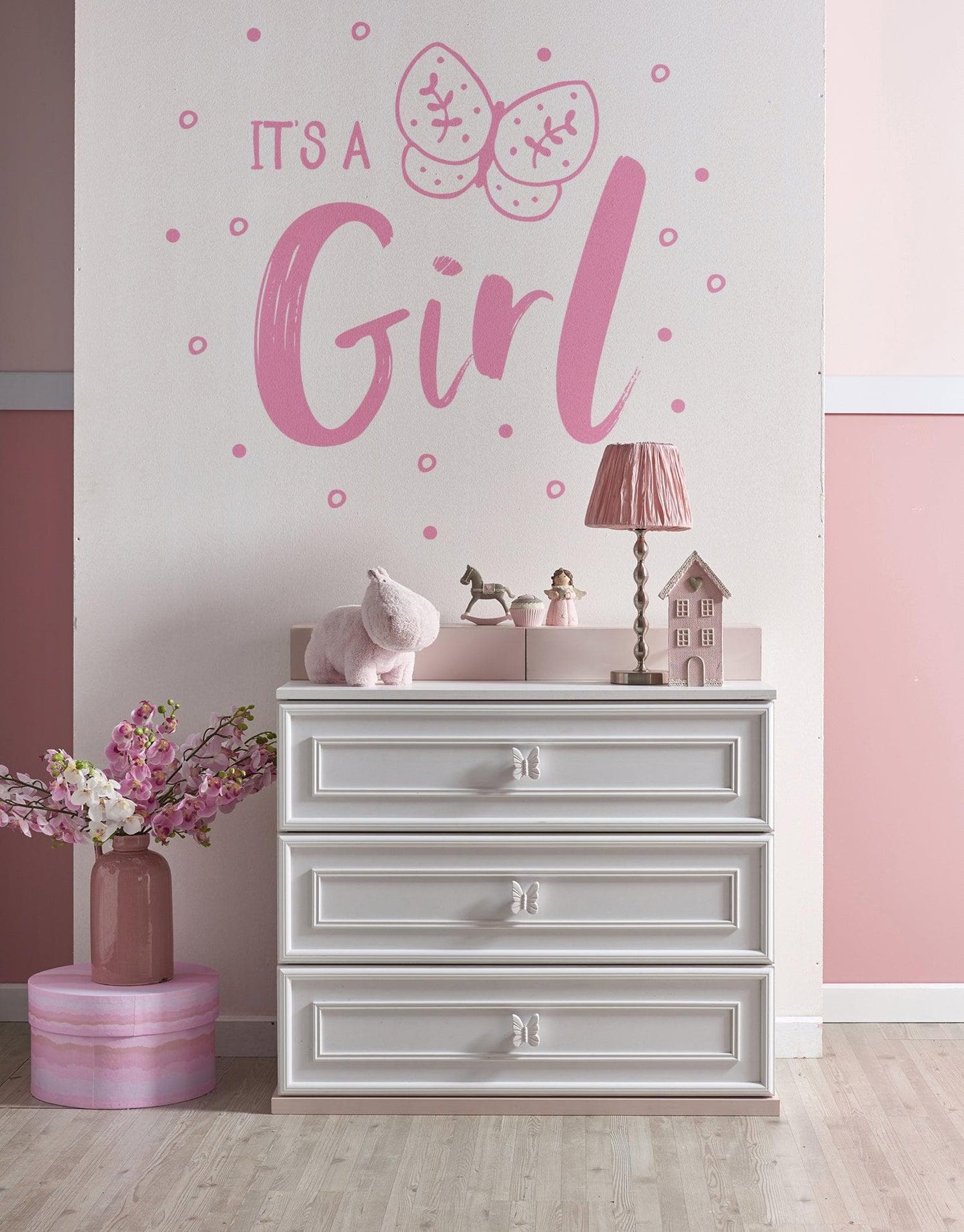 It’s a Girl Gender Reveal Vinyl Wall Decal Sticker. Perfect decoration for a Baby Reveal / Baby Shower party. #6188