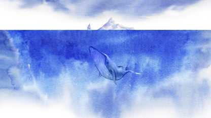Whale in Ocean Wall Mural. Watercolor artwork of whale, island and sailboat. Peel and Stick Wallpaper. #6197