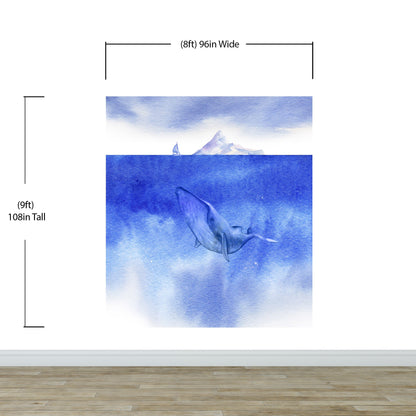 Whale in Ocean Wall Mural. Watercolor artwork of whale, island and sailboat. Peel and Stick Wallpaper. #6197