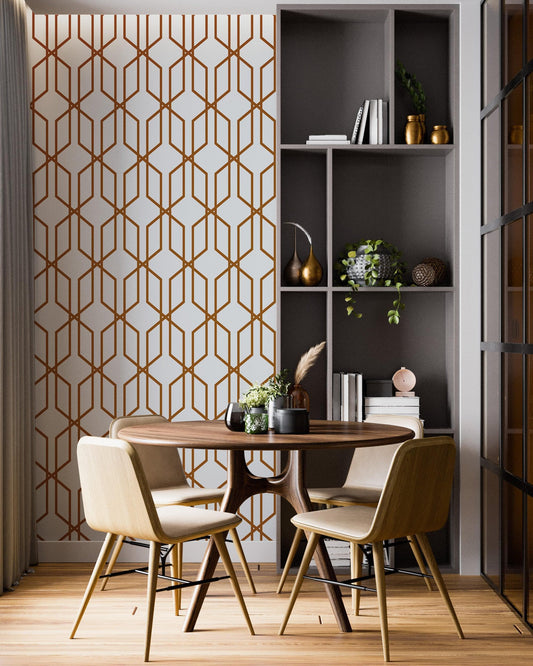 Modern Geometric Shape 3D Hexagon Bronze Lines Peel and Stick Wallpaper | Removable Wall Mural #6213