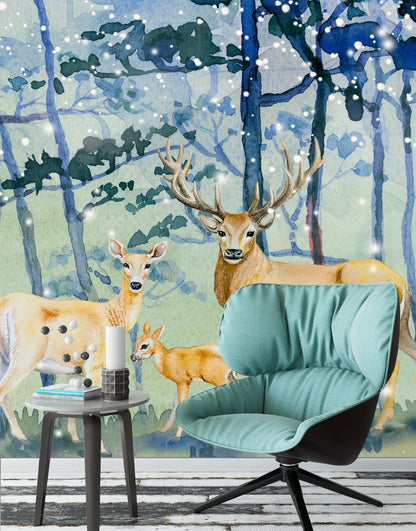 Deer Family in Snow Forest Peel and Stick Wallpaper | Removable Wall Mural. #6218