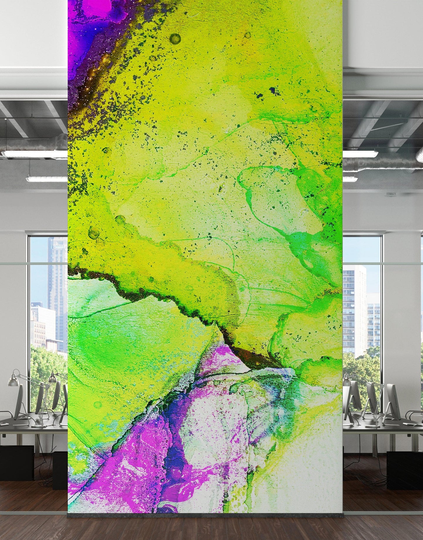 Alcohol Ink Abstract Pattern Peel and Stick Wallpaper Mural. (Lime, Green, Yellow, Purple Stained) #6257