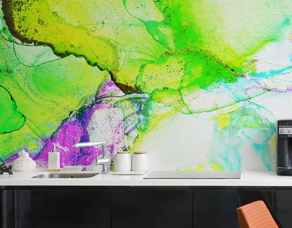 Alcohol Ink Abstract Pattern Peel and Stick Wallpaper Mural. (Lime, Green, Yellow, Purple Stained) #6257