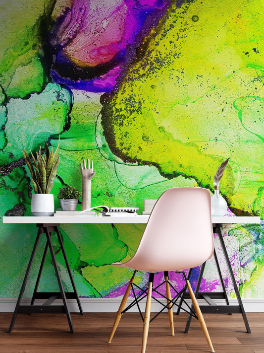 Alcohol Ink Abstract Pattern Peel and Stick Wallpaper Mural. (Lime, Green, Yellow, Purple Stained) #6257