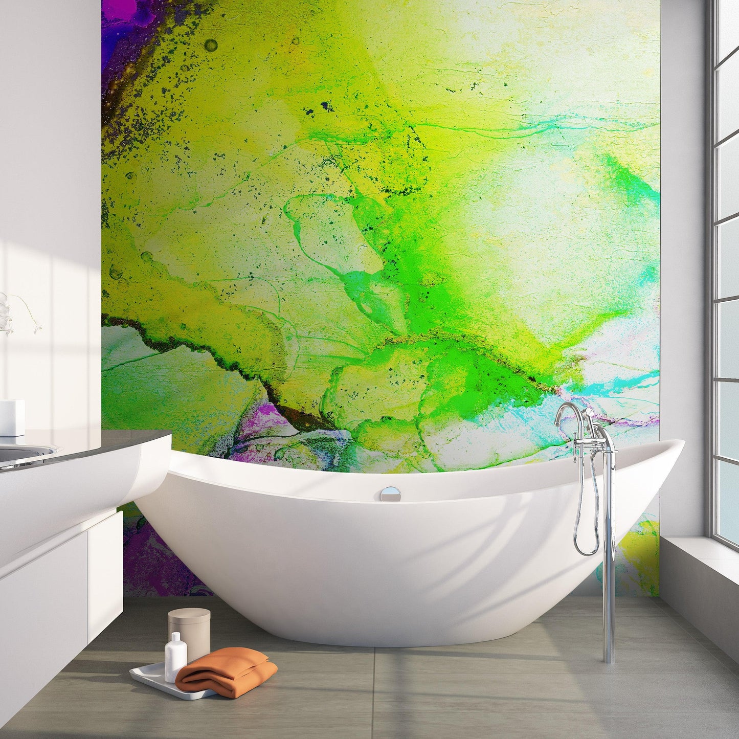 Alcohol Ink Abstract Pattern Peel and Stick Wallpaper Mural. (Lime, Green, Yellow, Purple Stained) #6257