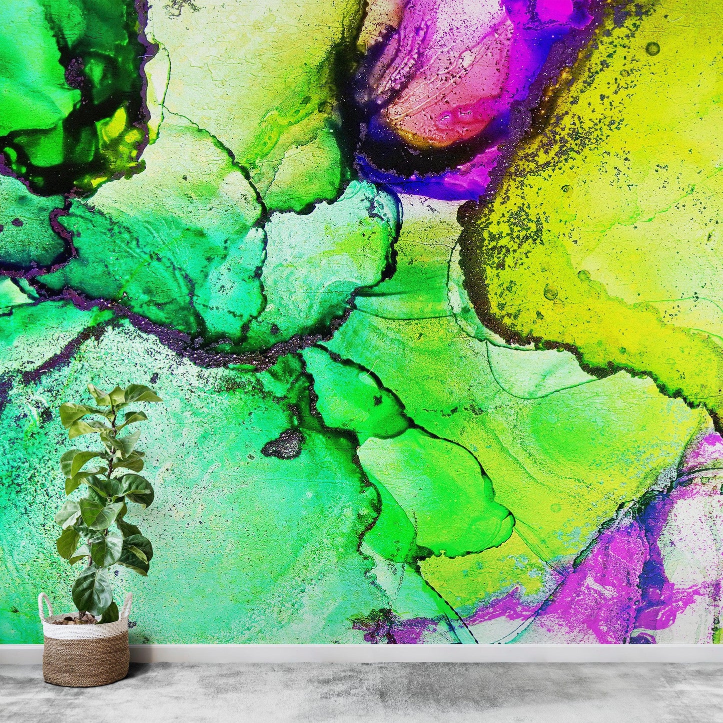 Alcohol Ink Abstract Pattern Peel and Stick Wallpaper Mural. (Lime, Green, Yellow, Purple Stained) #6257