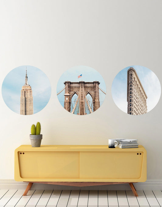 New York City Landmark, Empire State Building, Flatiron Building, Brooklyn Bridge Peel and Stick Wall Decal. Repositionable and Removable Circle Graphic. #6290