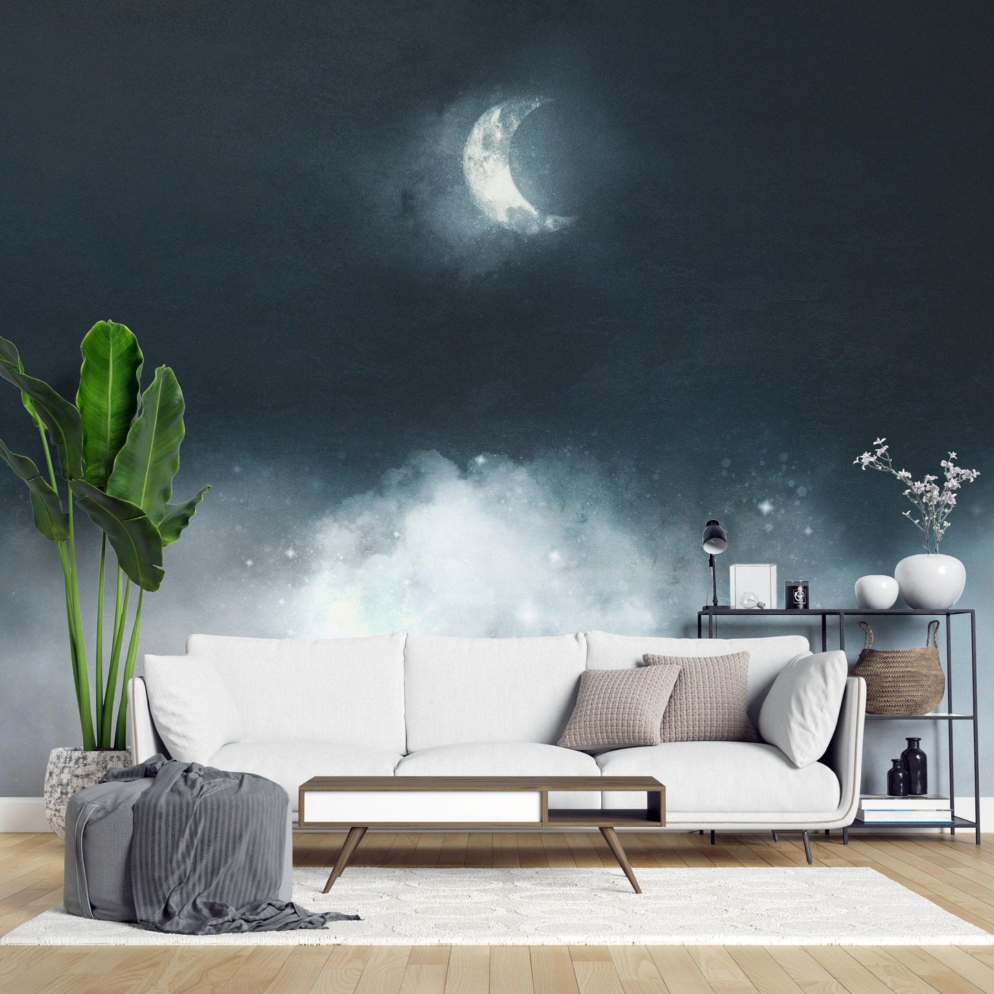 Crescent Moon Shining Over Misty Clouds Wall Mural. Peel and Stick Wallpaper. #6301