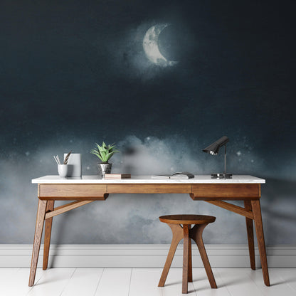 Crescent Moon Shining Over Misty Clouds Wall Mural. Peel and Stick Wallpaper. #6301