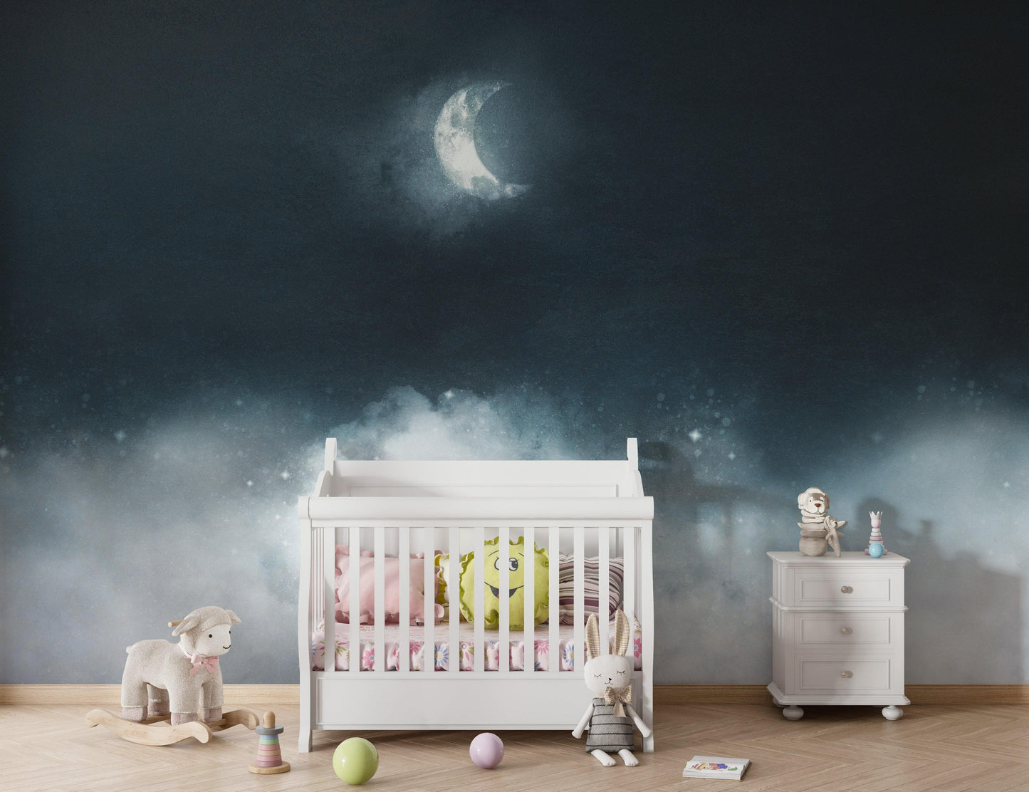 Crescent Moon Shining Over Misty Clouds Wall Mural. Peel and Stick Wallpaper. #6301