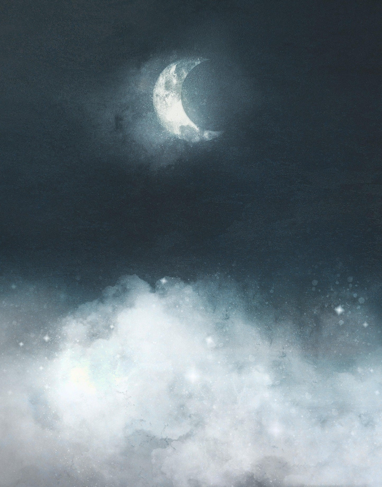 Crescent Moon Shining Over Misty Clouds Wall Mural. Peel and Stick Wallpaper. #6301