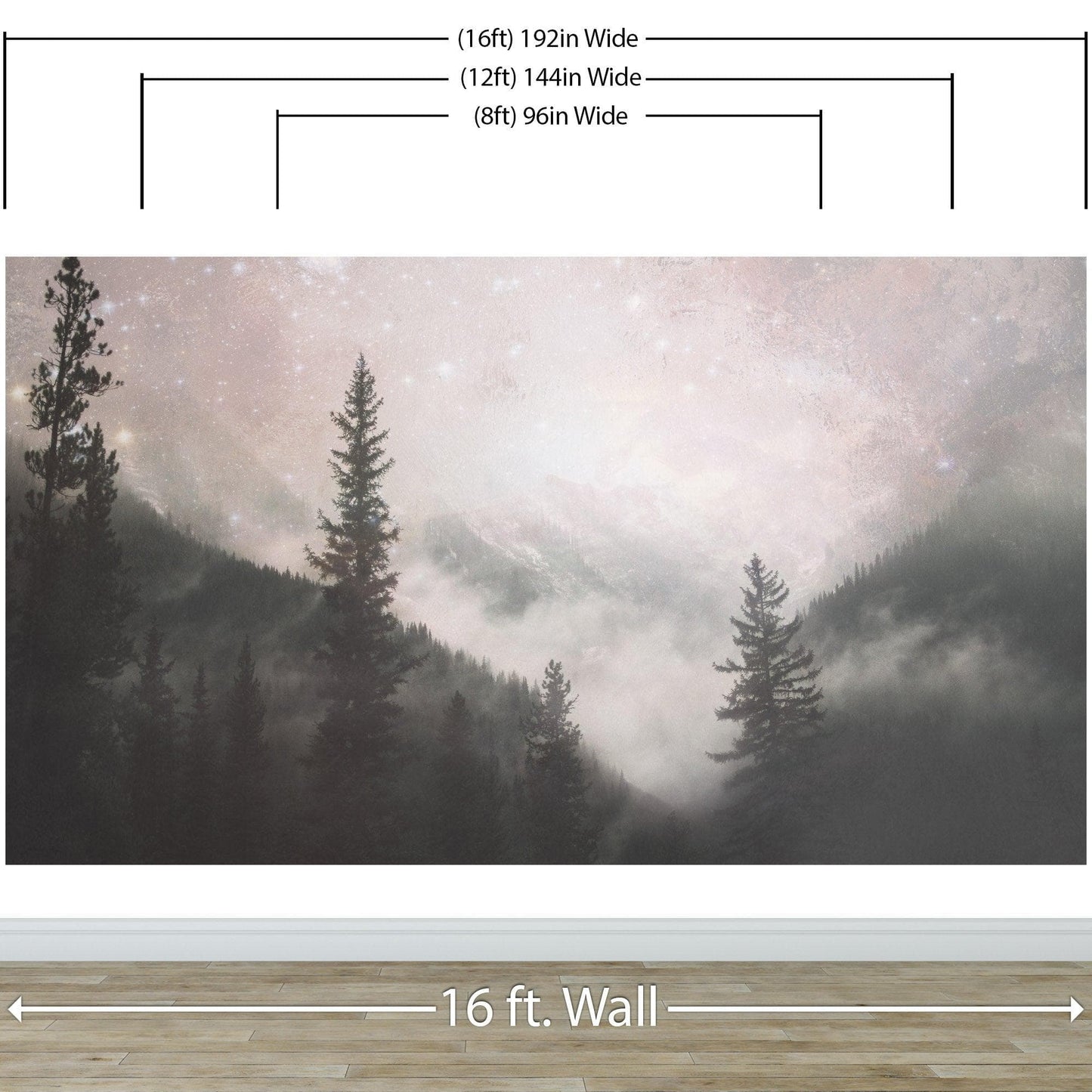 Foggy Misty Forest Trees Over Mountain Under a Starry Night Wall Mural. #6304