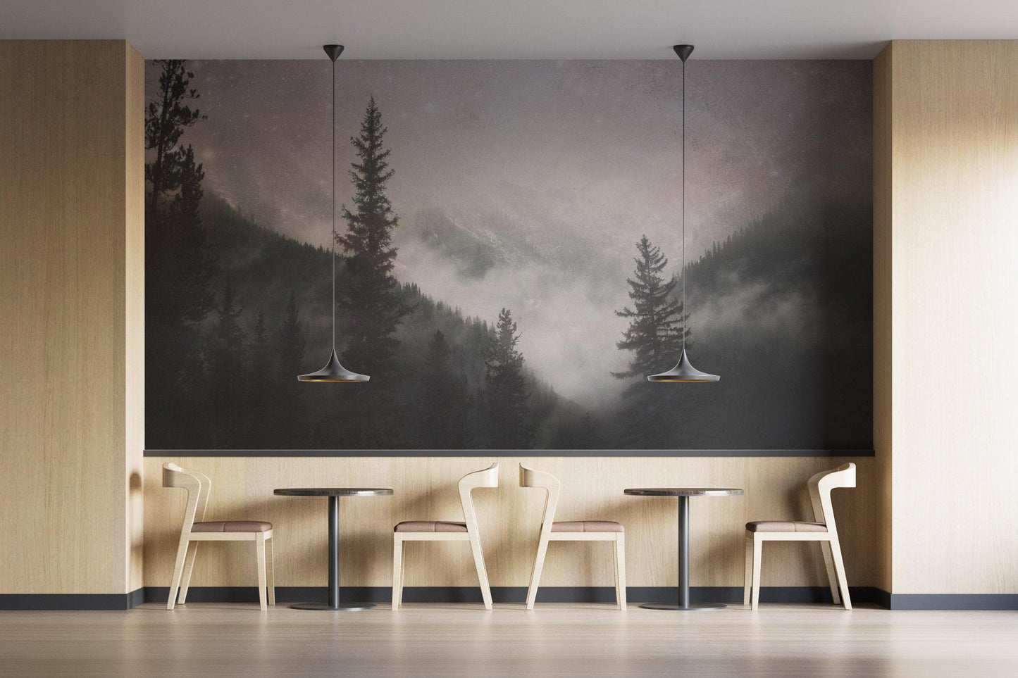 Foggy Misty Forest Trees Over Mountain Under a Starry Night Wall Mural. #6304