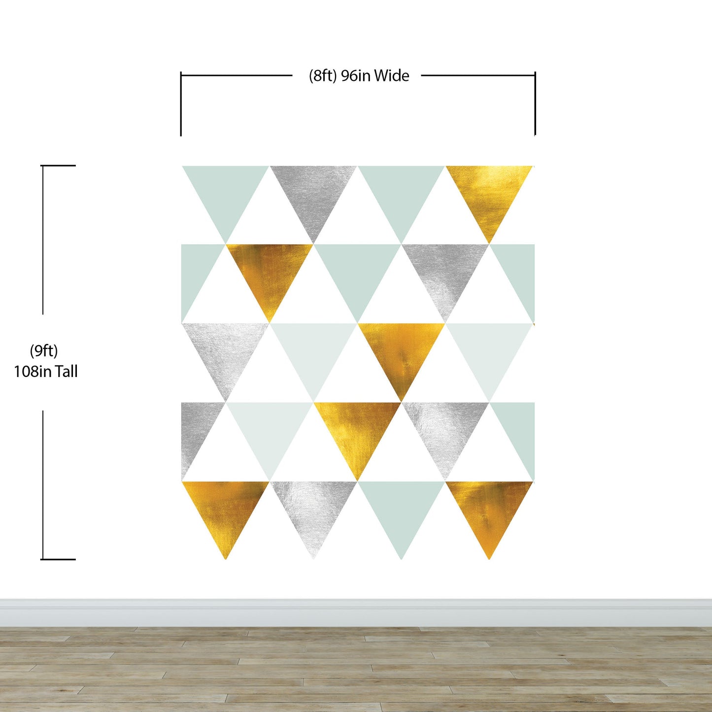 Triangle Geometric Abstract Pattern Wall Mural. Gold, Silver, Teal, Turquoise and White Color Pattern. #6306