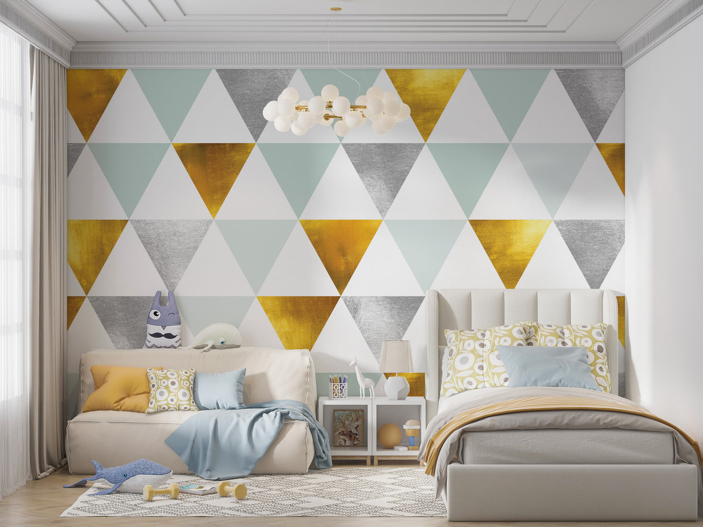 Triangle Geometric Abstract Pattern Wall Mural. Gold, Silver, Teal, Turquoise and White Color Pattern. #6306