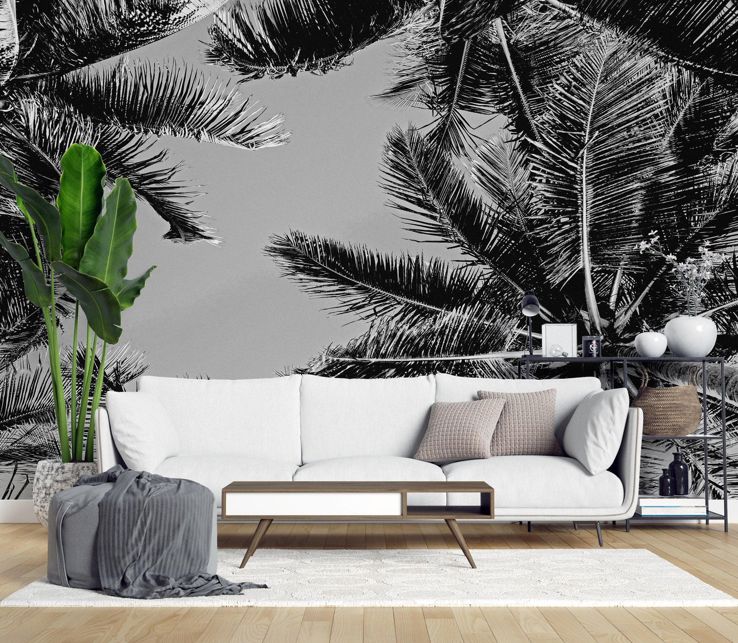Black and White Tropical Palm Tree Mural. Vintage Summer Vibe. #6315