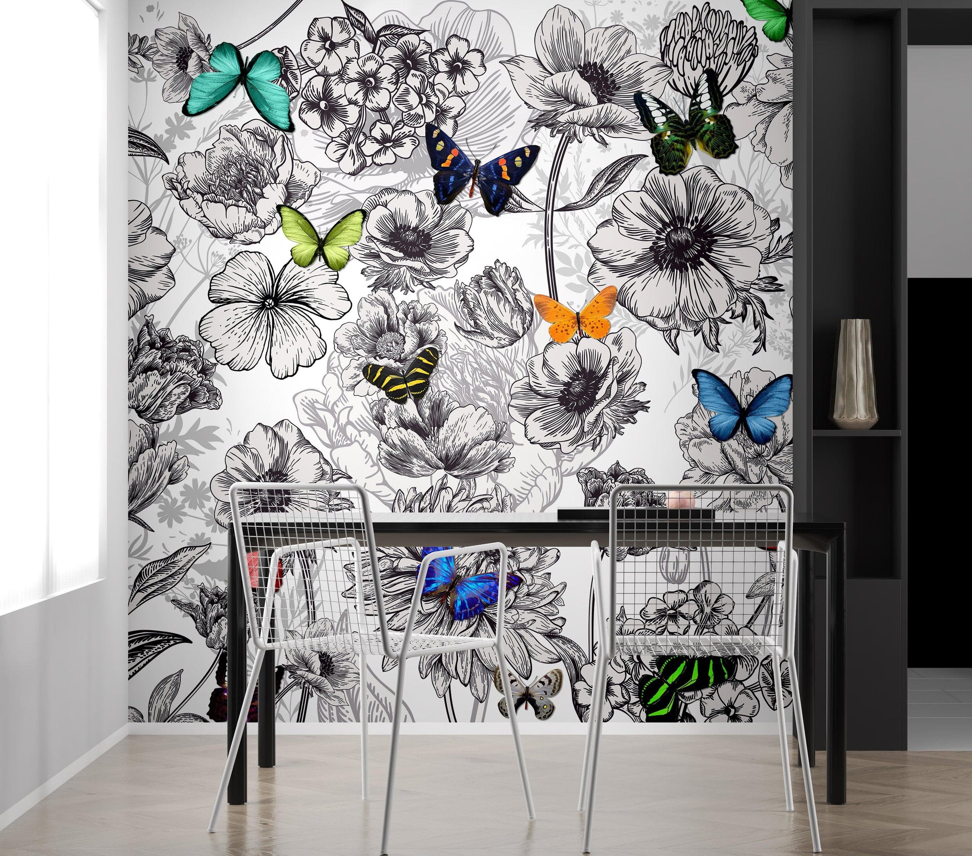 Butterflies in Flower Garden Wall Mural. Retro Black and White Illustr –  StickerBrand