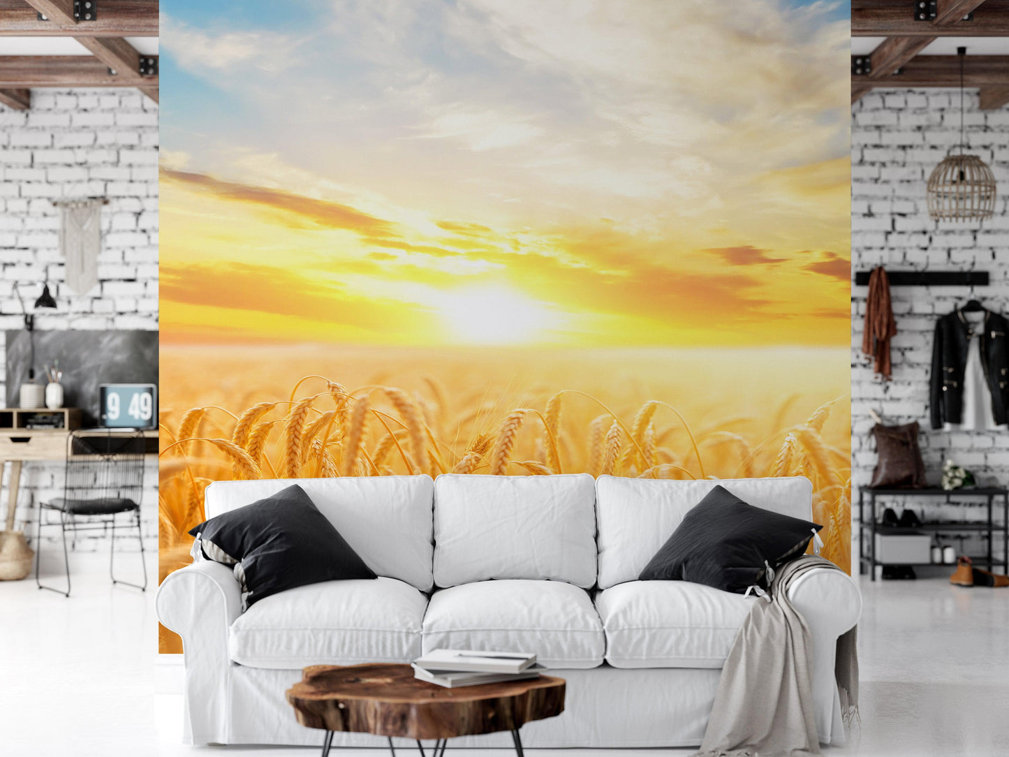 Sunset Sunrise over Farmland Wheat Field Wall Mural. Peel and Stick Wall Paper. #6323