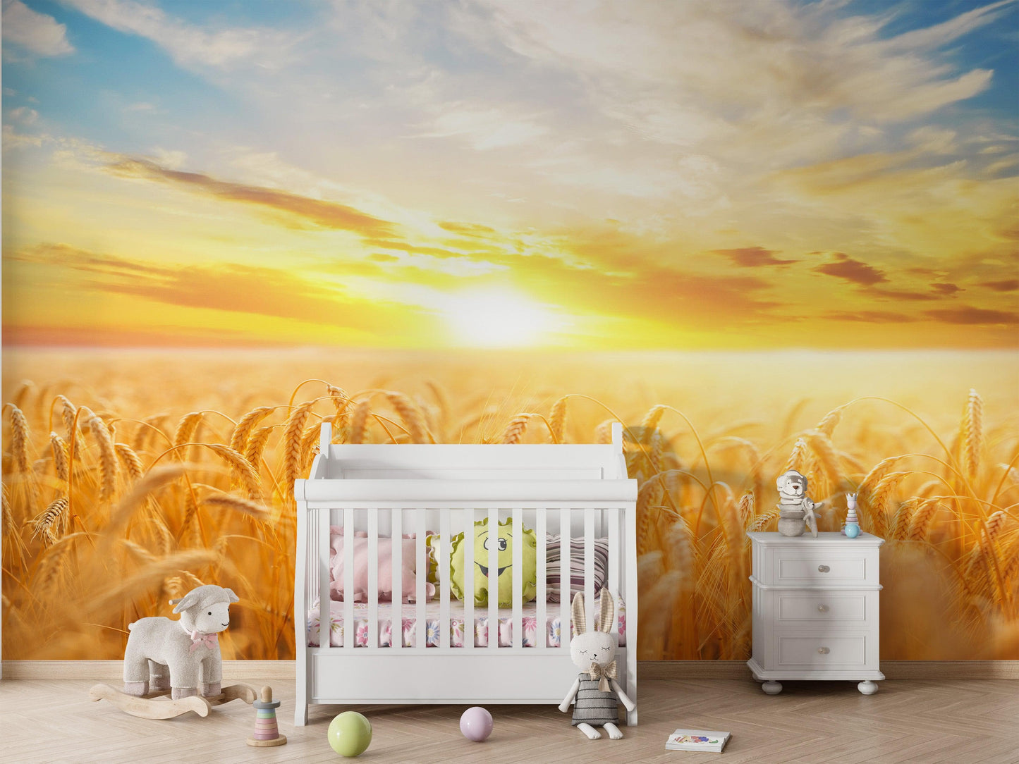 Sunset Sunrise over Farmland Wheat Field Wall Mural. Peel and Stick Wall Paper. #6323