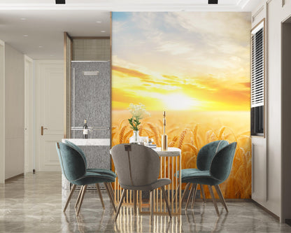 Sunset Sunrise over Farmland Wheat Field Wall Mural. Peel and Stick Wall Paper. #6323