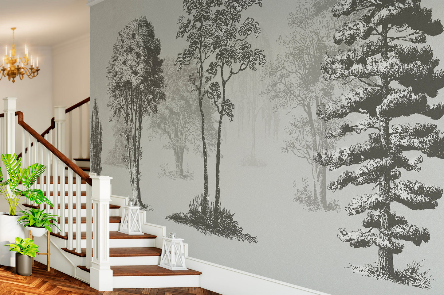 Vintage Forest Trees Wall Mural. Monochrome Abstract Sketched Art Design. Peel and Stick Wallpaper | Removable Wall Mural. #6329